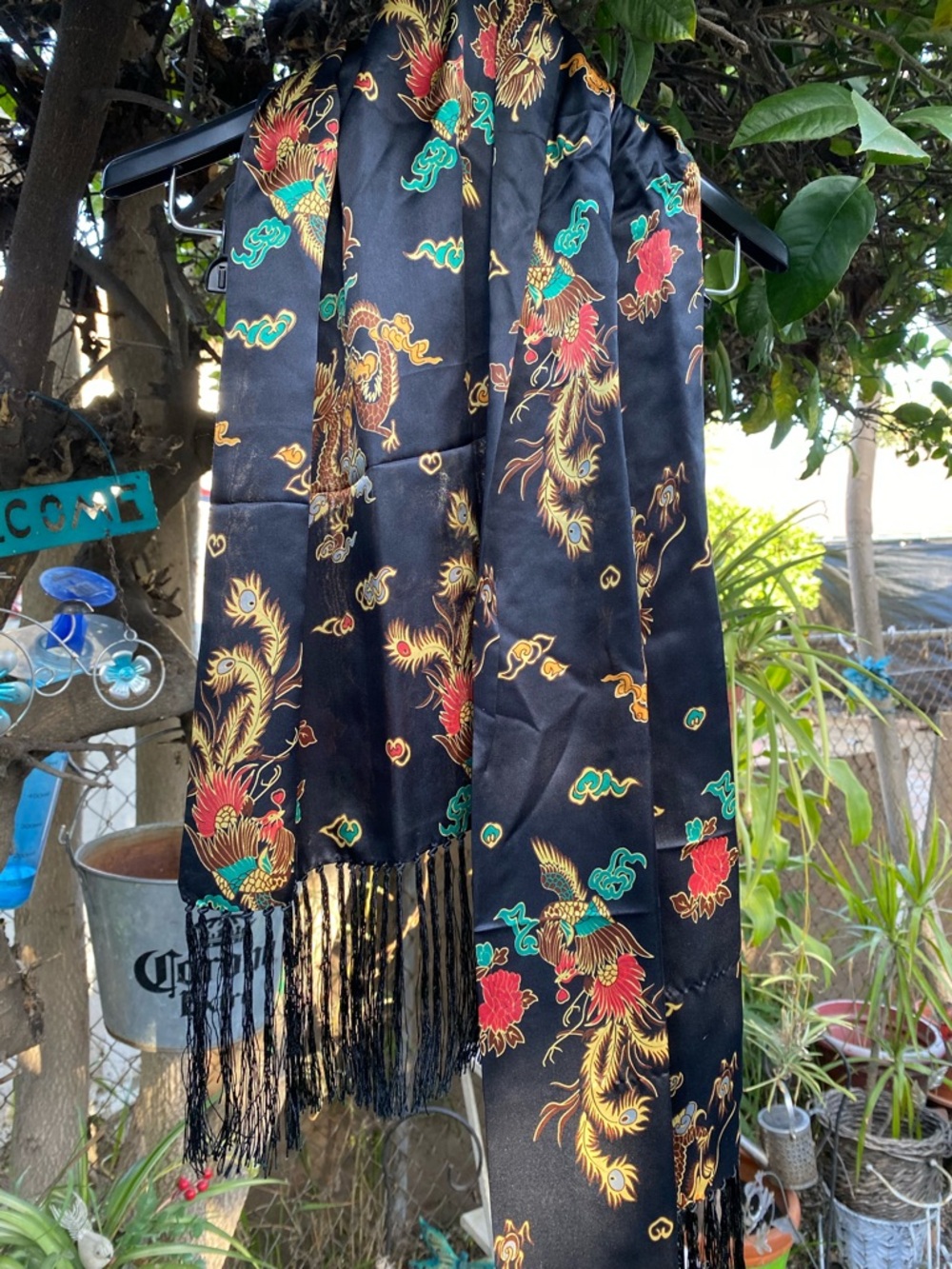 Black Satin Scarf with Red, Gold & Green Oriental Phoenix Motif